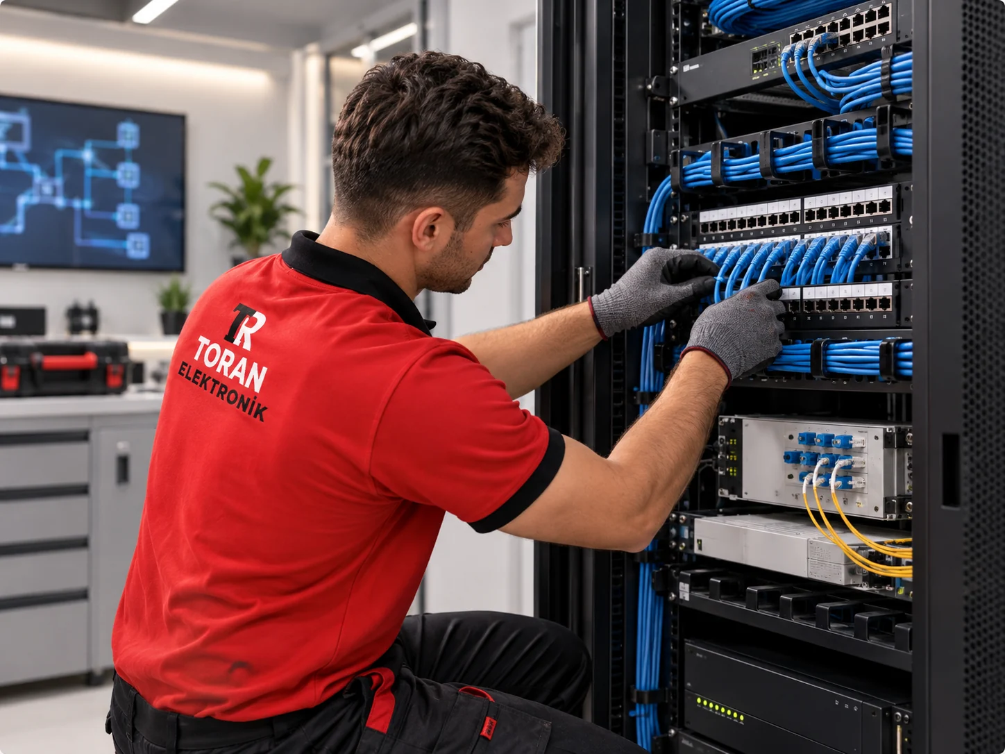 Teknisyen network kabinetinde data kablolarını bağlıyor