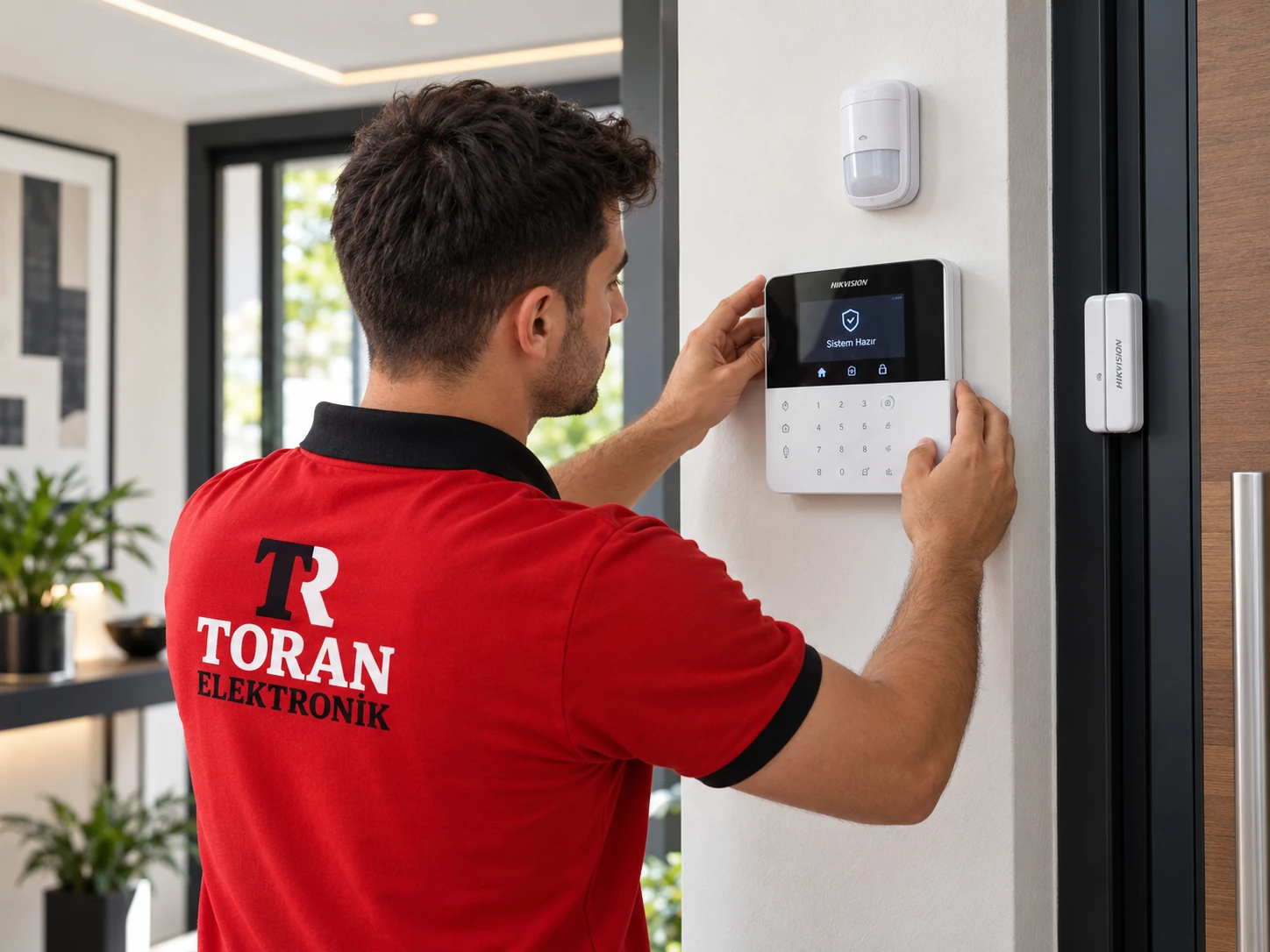 Teknisyen duvardaki alarm panelini kuruyor