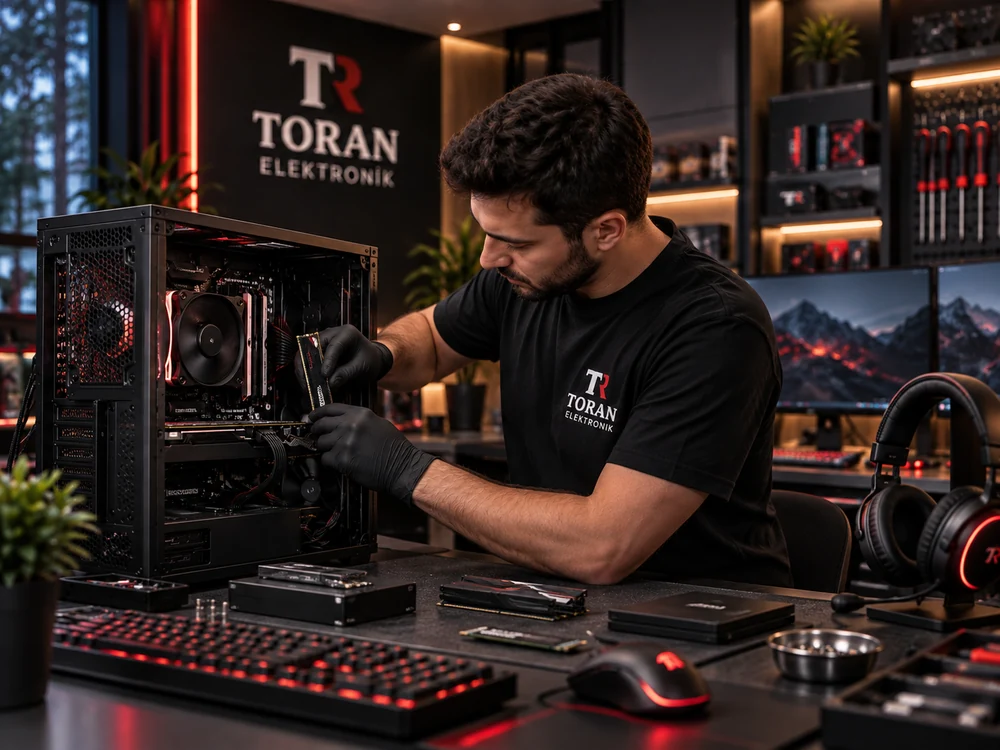 Teknisyen masaüstü bilgisayar kasasında donanım bakımı yapıyor