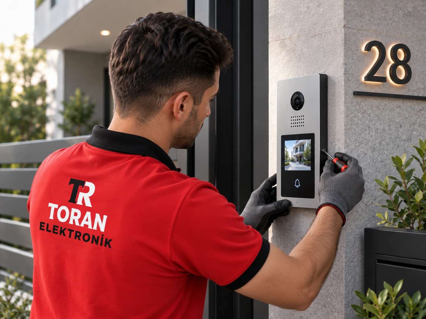 Teknisyen villa girişindeki IP diafon panelini kuruyor