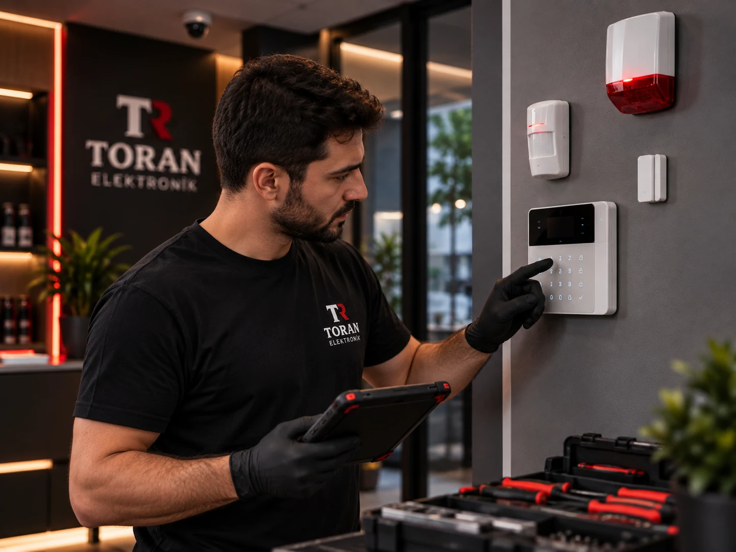 Toran Elektronik tişörtlü teknisyen alarm panelini kontrol ediyor