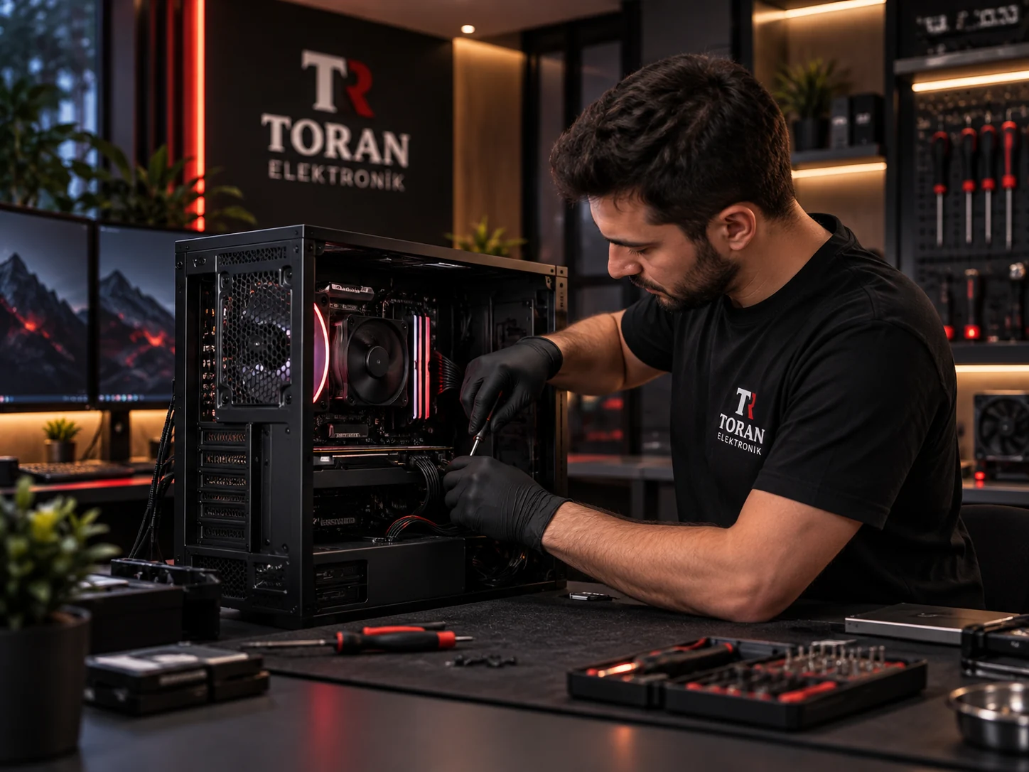 Toran Elektronik tişörtlü teknisyen bilgisayar kasasında çalışıyor