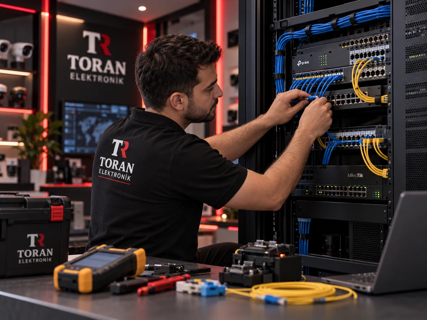 Toran Elektronik tişörtlü teknisyen kabinet bağlantılarını düzenliyor