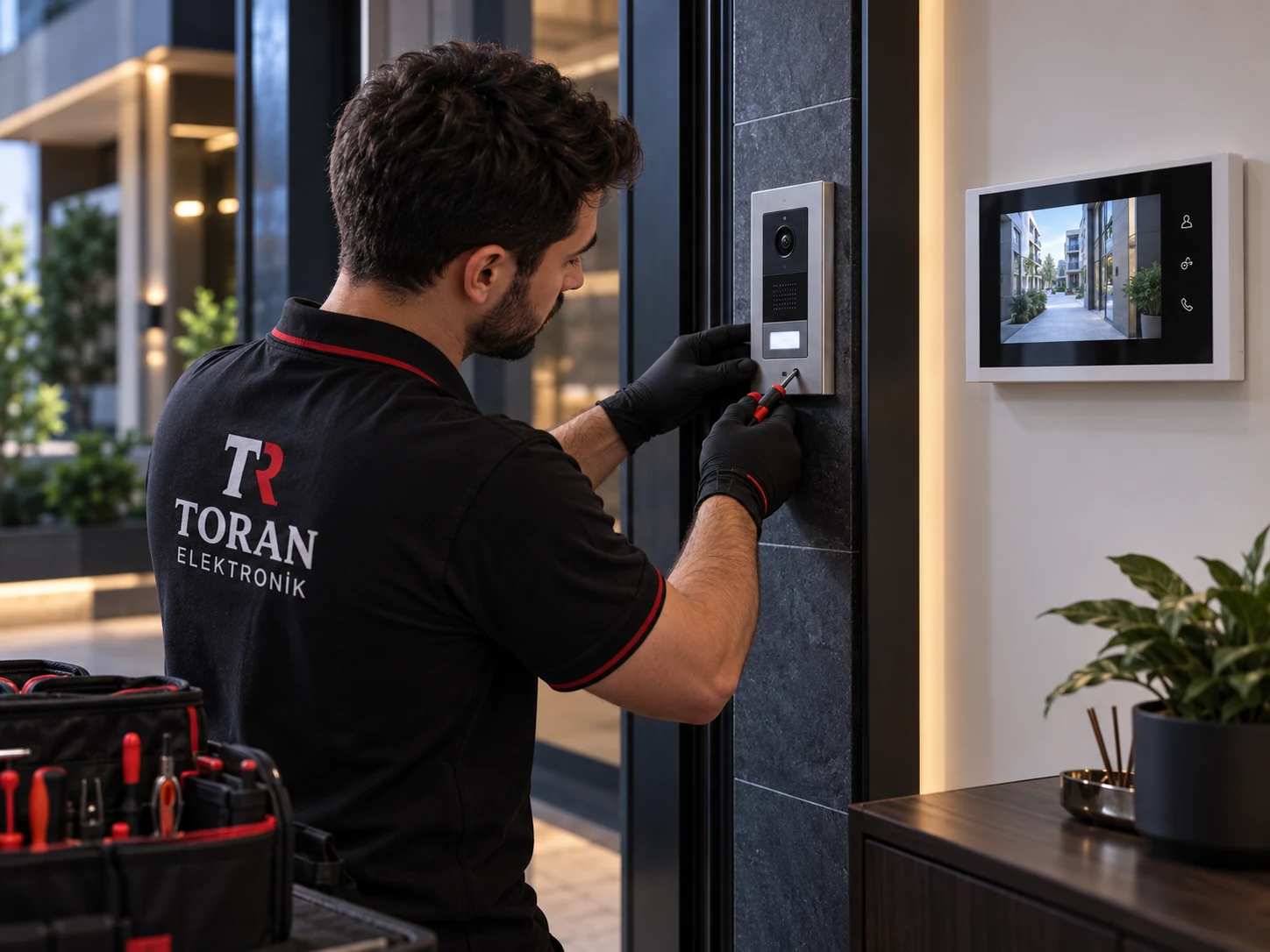 Toran Elektronik tişörtlü teknisyen kapı ünitesini monte ediyor