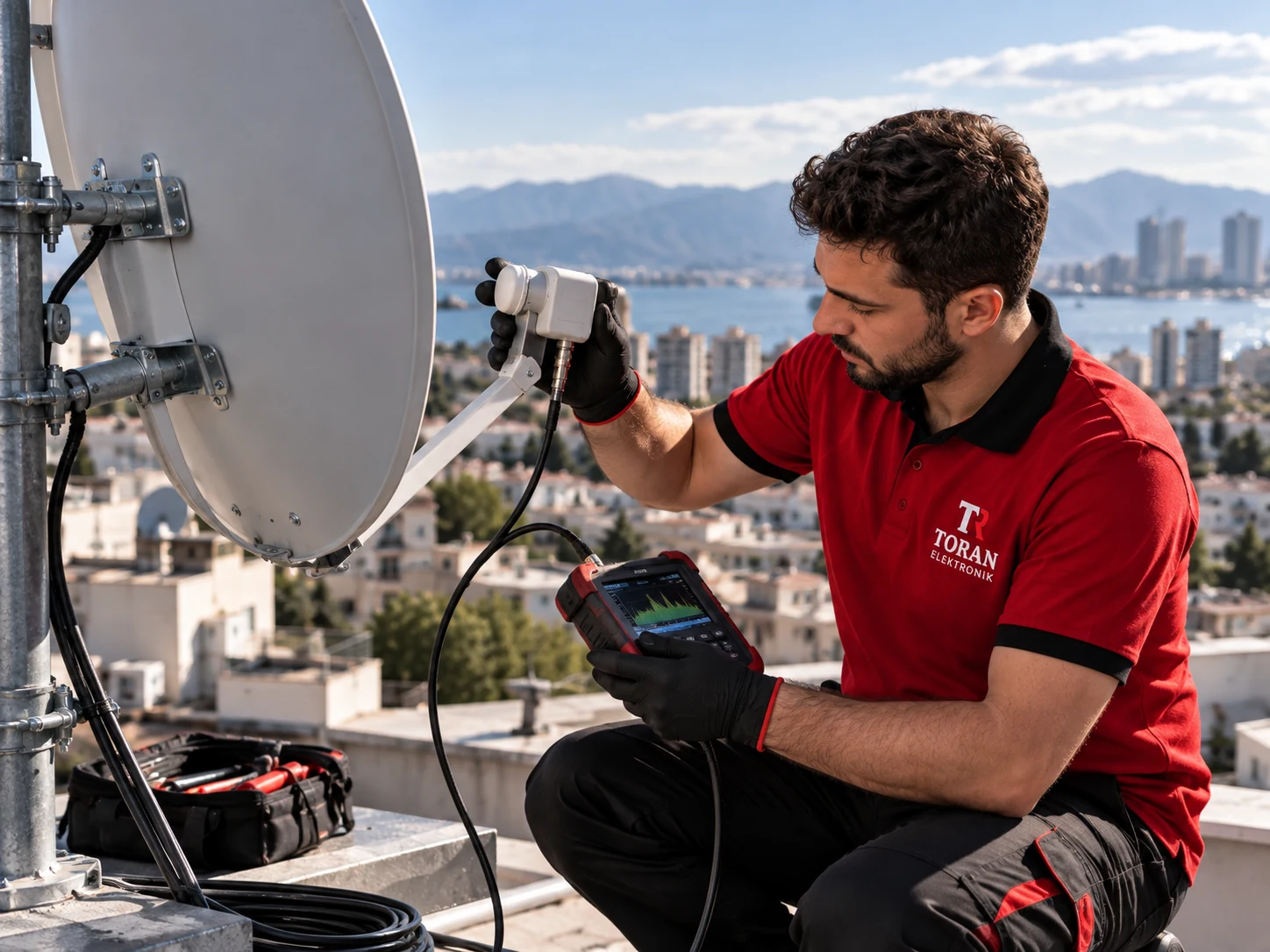 Toran Elektronik tişörtlü teknisyen uydu anteninde ölçüm yapıyor